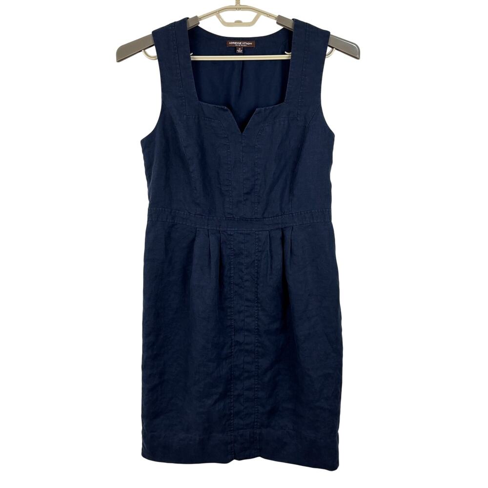 Navy Blue Linen Sheath Pencil Dress 10 Adrienne Vittadini career office preppy